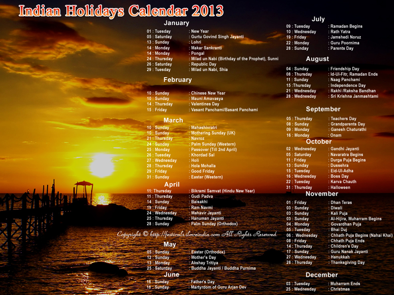 Indian Holidays Calendar 2011